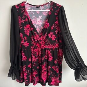 Torrid 3 Babydoll Chiffon long sheer Sleeve Top 3x floral pink black womens 3xl